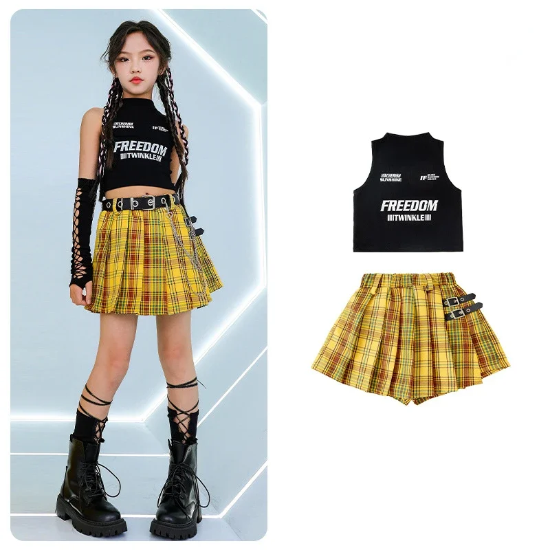 Girls Street Dance Clothing Hip Hop Cool Vest Suit Yellow Pants Plaid Skirt Cheerleading Performance Costume Kpop Stage Outfits