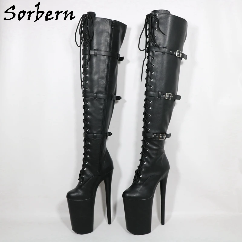 Sorbern 26cm Pole Dance Boots Black Mid Thigh High Boots For Women Multi Straps Lace Up Thick Platform Shoes Custom