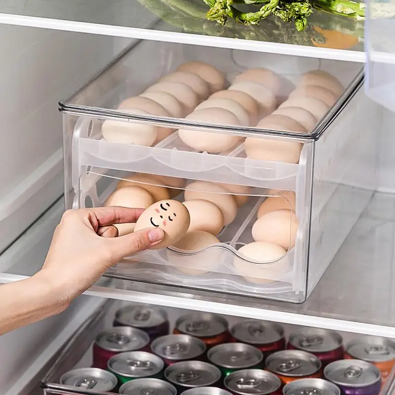 

Scrolling Egg Rack Holder 2 Tier Egg Holder For Fridge Automatic Roll-Down Space-Saving Egg Tray Transparent Egg Keeper Egg