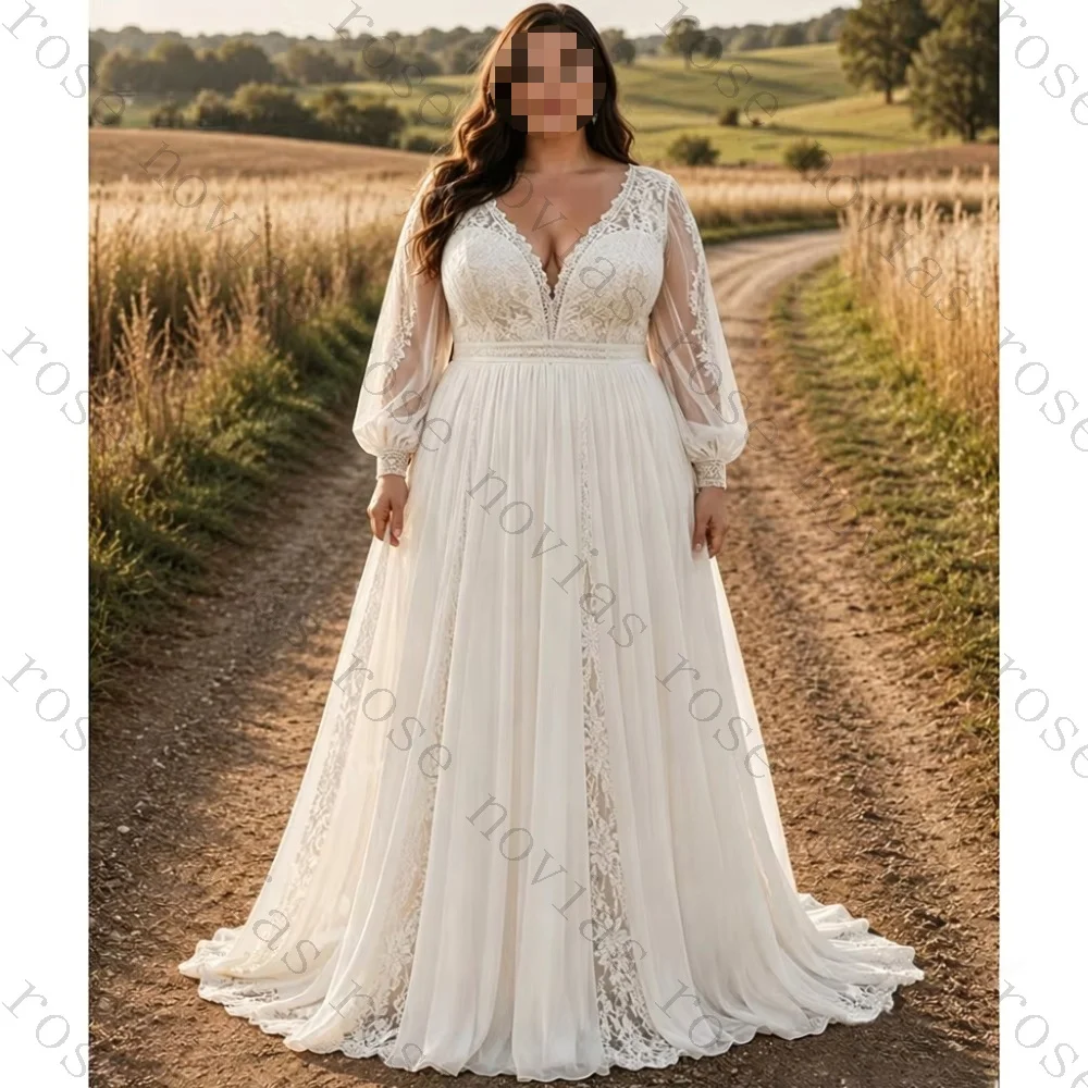 Customized Deep V-neck Long Sleeved Wedding Dress 2026 Chiffon A-line Bohemian Lace Decal Bridal Gown Suitable for The Beach
