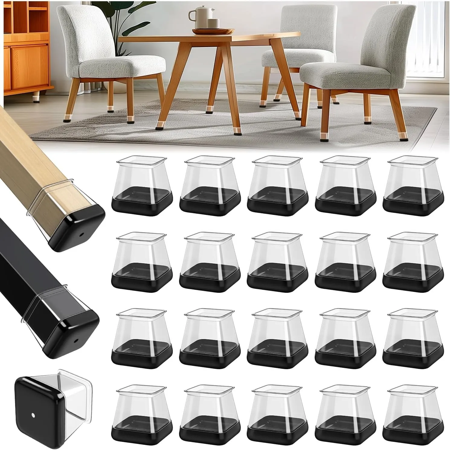 8/16/24pcs Upgraded TPE Furniture Feet Protectors with PC Base, Black Non-Slip Chair Leg Caps for Carpet Use
