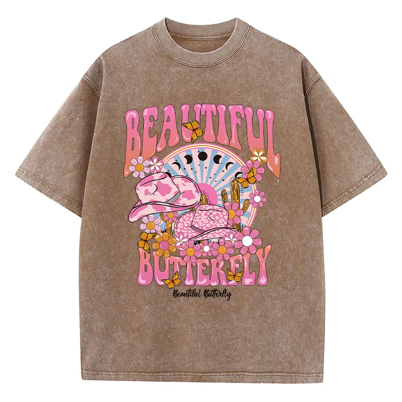 T-shirt lavata in cotone da donna alla moda Un mondo bello e brillante Stampa T-shirt Summer Street Manica corta Abbigliamento femminile oversize