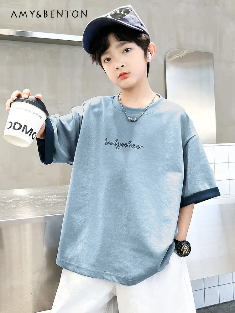 

Boys 2026 New Summer Short Sleeve Thin Breathable T-shirt Kids Stylish and Trendy O-neck Loose Letter Print Casual Sporty Tee
