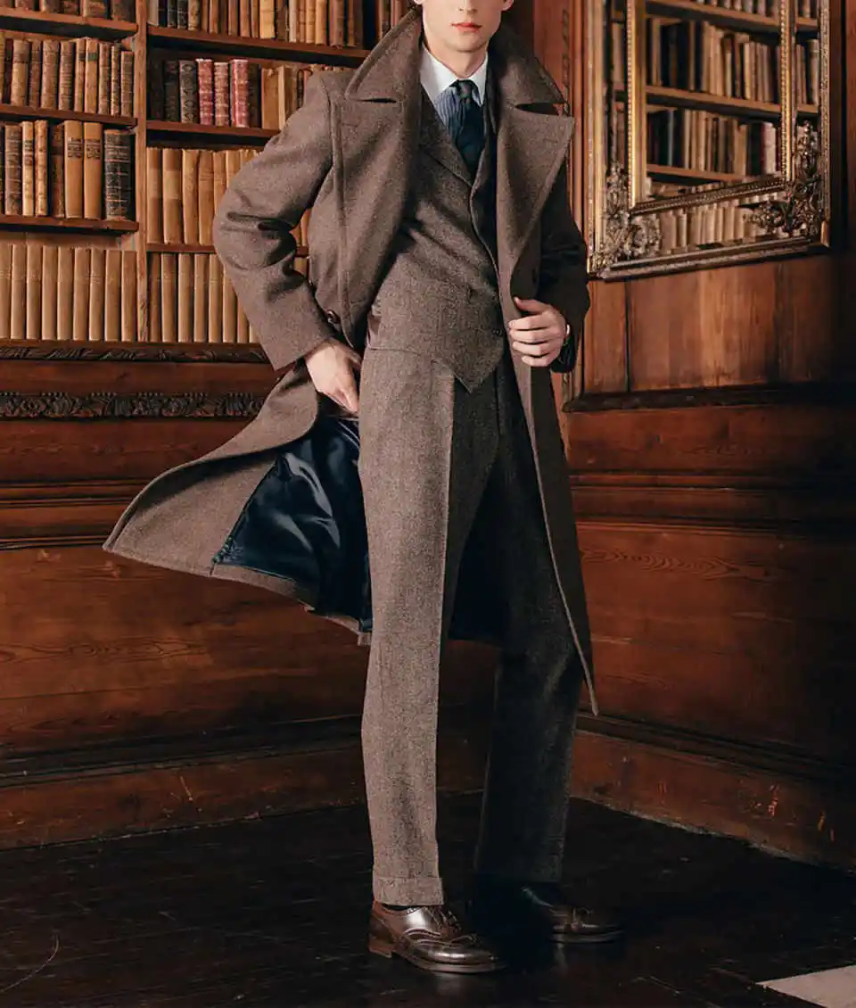 Men's Dark Brown Wool Blend Jacket Winter Overcoat Heavy Windproof Lapel Long Tuxedos Coat Customized 3 Pieces