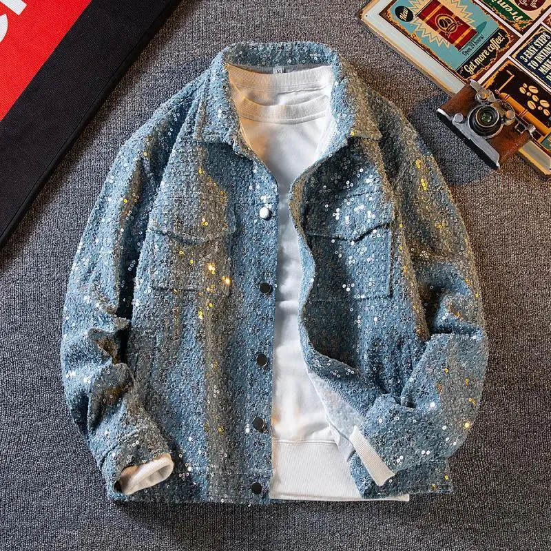 

Metal Sequin Denim Jacket Men's Spring and Autumn Turn-down Collar Long Sleeve Coat Loose Fashionable Party Style Casual Top