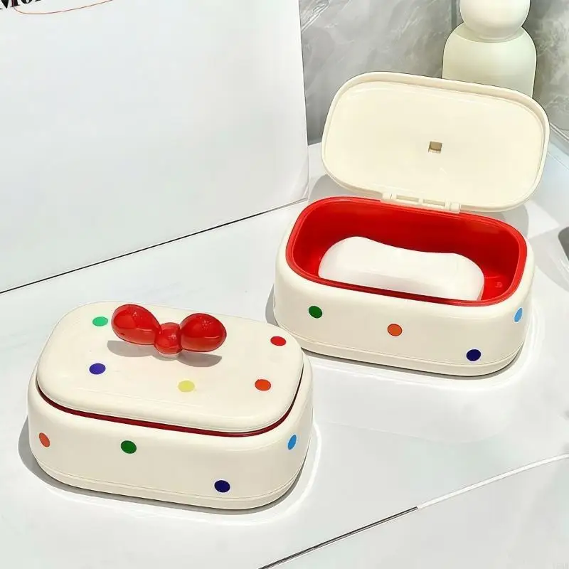 

Элегантная пластиковая мыльница с крышкой с бантом и декоративным точечным сливом для организации хранения мыла в ванной комнате