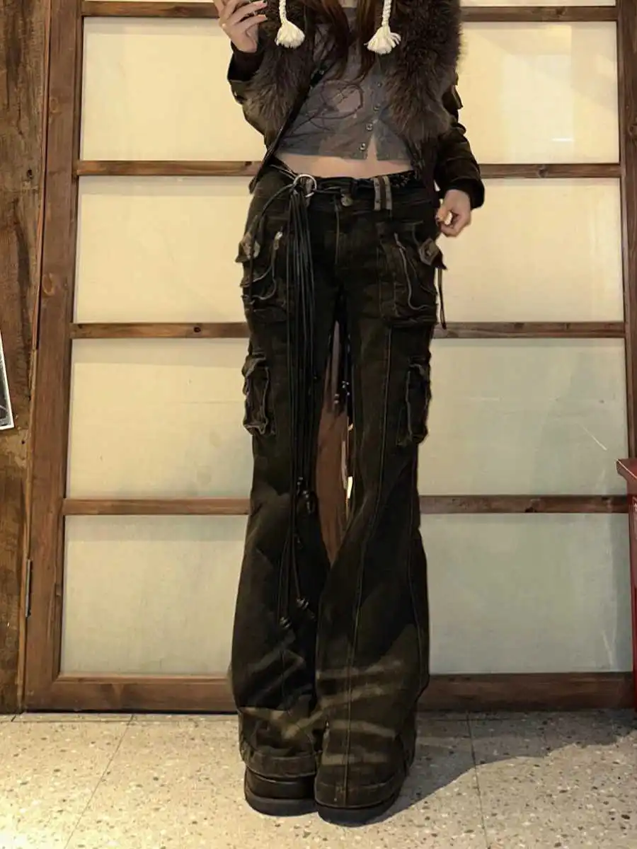 

Женские черные мешковатые джинсы-карго Harajuku Y2k 90-х годов Эстетические джинсовые брюки с высокой талией 2000-х годов Большие джинсовые брюки Винтажная одежда