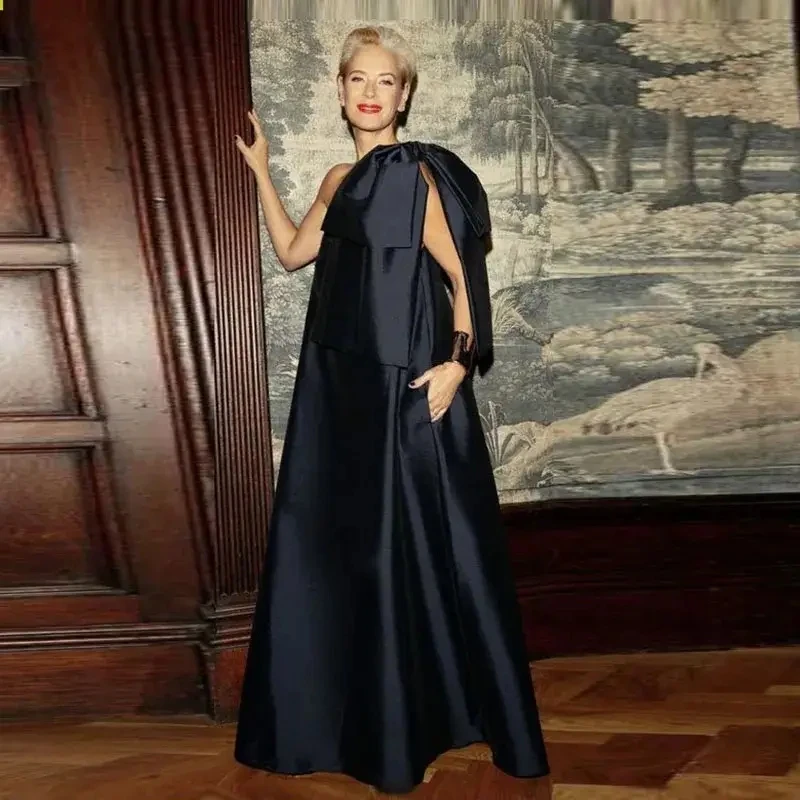High Fashion Long Party Dresses Women Pockets Bow Satin Prom Gowns A Line vestido de fiesta Black Elegant Prom Gown Draped
