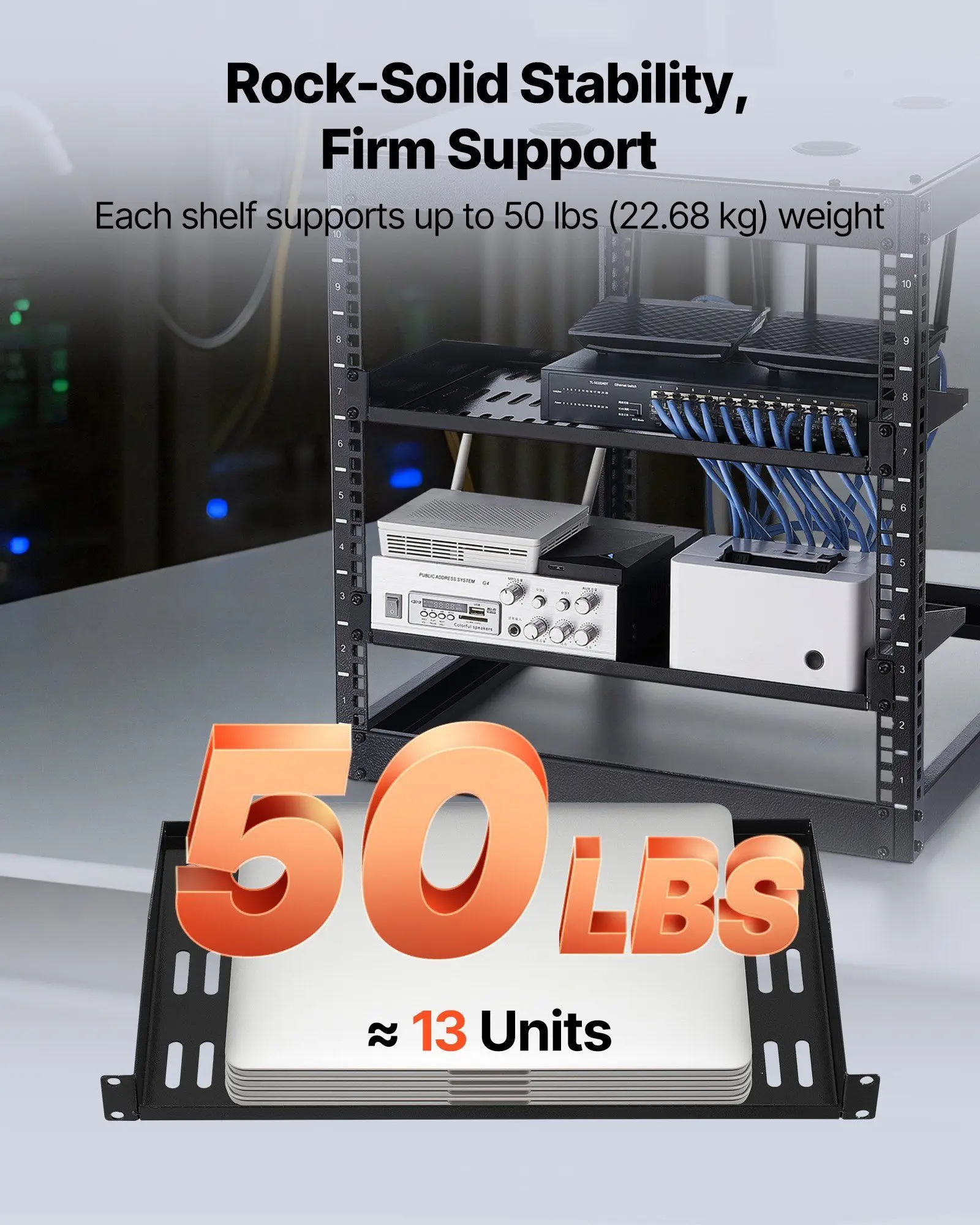 

1U Server Rack Shelf, 4 PCS, 50 lbs Max Load-Bearing Vented Cantilever, Wall Mount or Rack Mount Shelf with Tray, 10 in Depth,