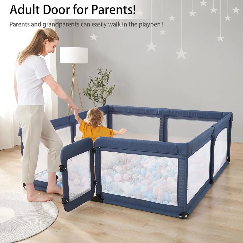 Extra Large Baby & Toddler Playpen with Safety Gate, Durable Cationic Navy Blue Play Yard, 79x59