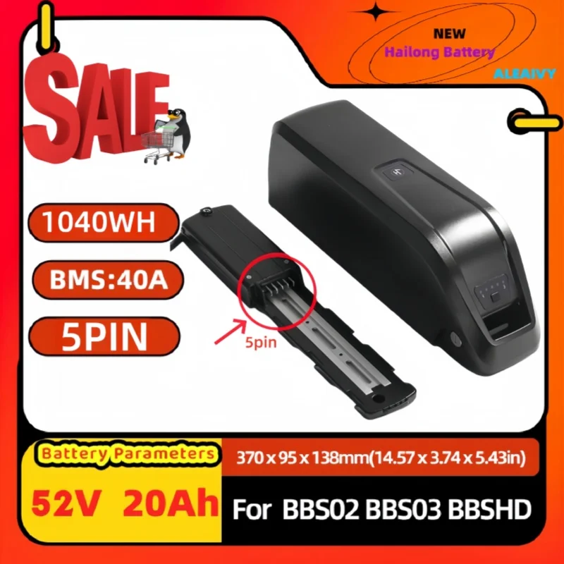 36V 48V 52V 10Ah 15Ah 20Ah Hailong E-bike Battery High Capacity Li-ion Battery For Bafang BBS Mid Motor With 4Pin 5Pin Connector