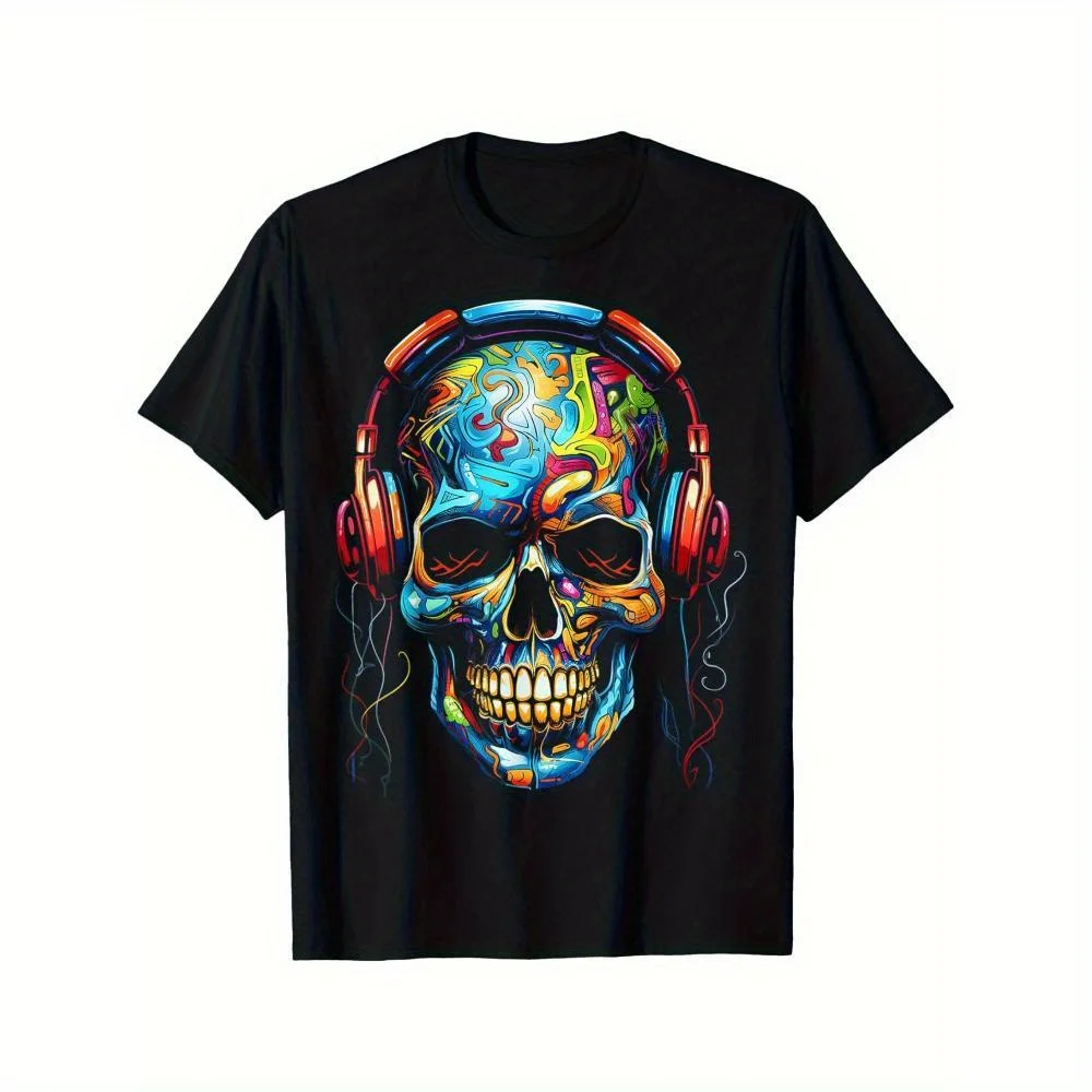 Men's Plus Cotton T-Shirt - Vintage Skull and Headphone Pattern, Vibrant Street Style,Comfortable Casual T-Shirt for Casual Wear