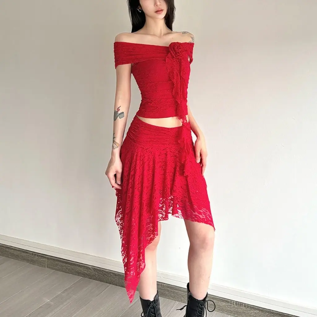 

Summer Lace Off-Shoulder Top And Skirt Set for Women Irregular Strap Style European And American Spice Girl Design