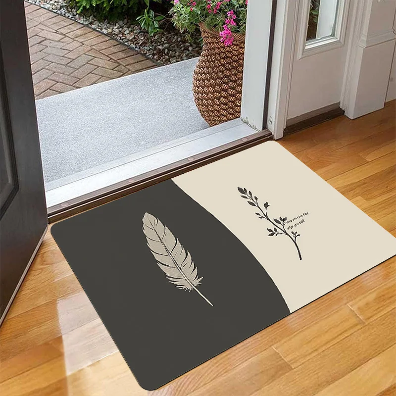 1pc Dark gray leaf patterned floor mat made of polyester fabric, machine washable, suitable for bedroom and living room décor.