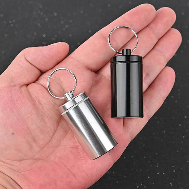 1 pçs portátil chaveiro estilo pílula caso liga de alumínio metal recipiente de medicina selado caso à prova dwaterproof água mini garrafa de armazenamento de drogas