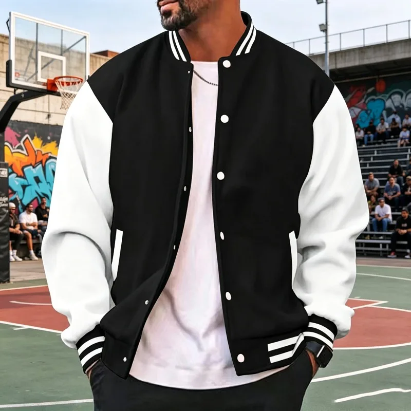 Mens Classic Black White Contrast Varsity Jacket Striped Rib Trim Button Up Loose Baseball Bomber Casual Street Outer Coat