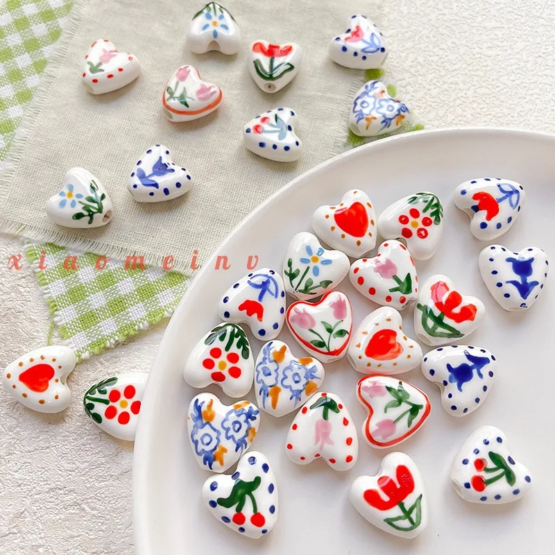 5Pcs Hand Drawn Heart-shaped Flower Tulip Ceramic Beads For Jewelry Making Interval Beads Necklace Bracelet Craft DIY Supplies