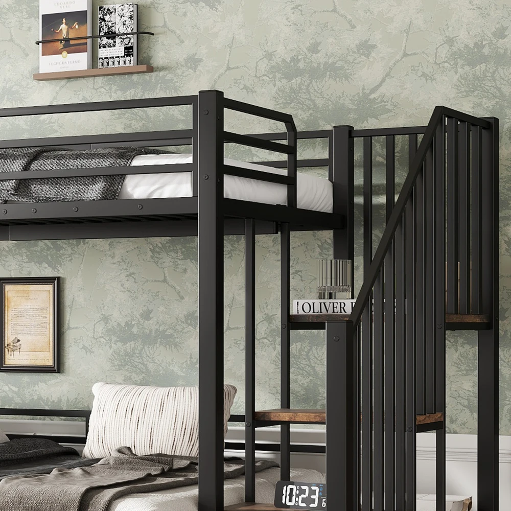 PINGGO Eisen-Etagenbett für Kinder und Jugendliche mit Stauraum-Eckschrank, Eisen & MDF, Schwarz Vintage-Holz, 90x200cm 120x200cm, ohne Matratze – Detail 22