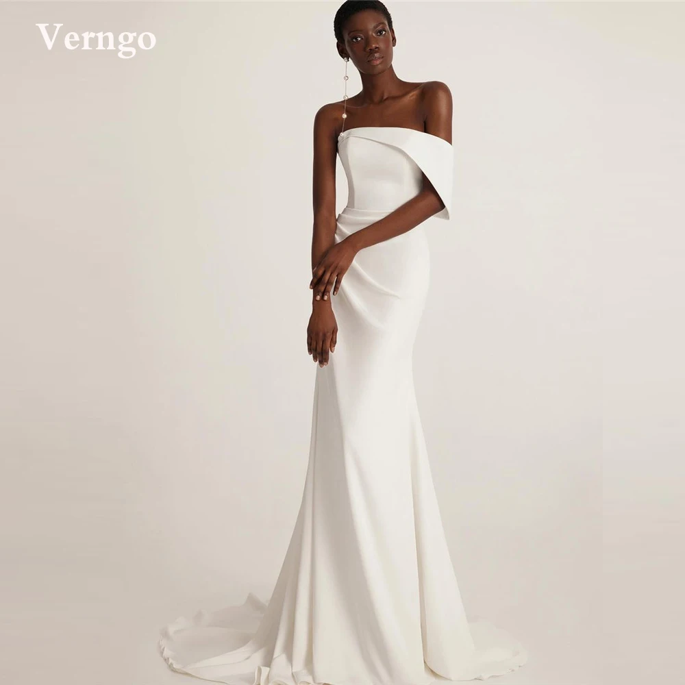 

Verngo Off the Shoulder Mermaid Wedding Dresses One Shoulder Sleeves Stretch Satin Modern Bridal Gowns Simple Robe de soiree