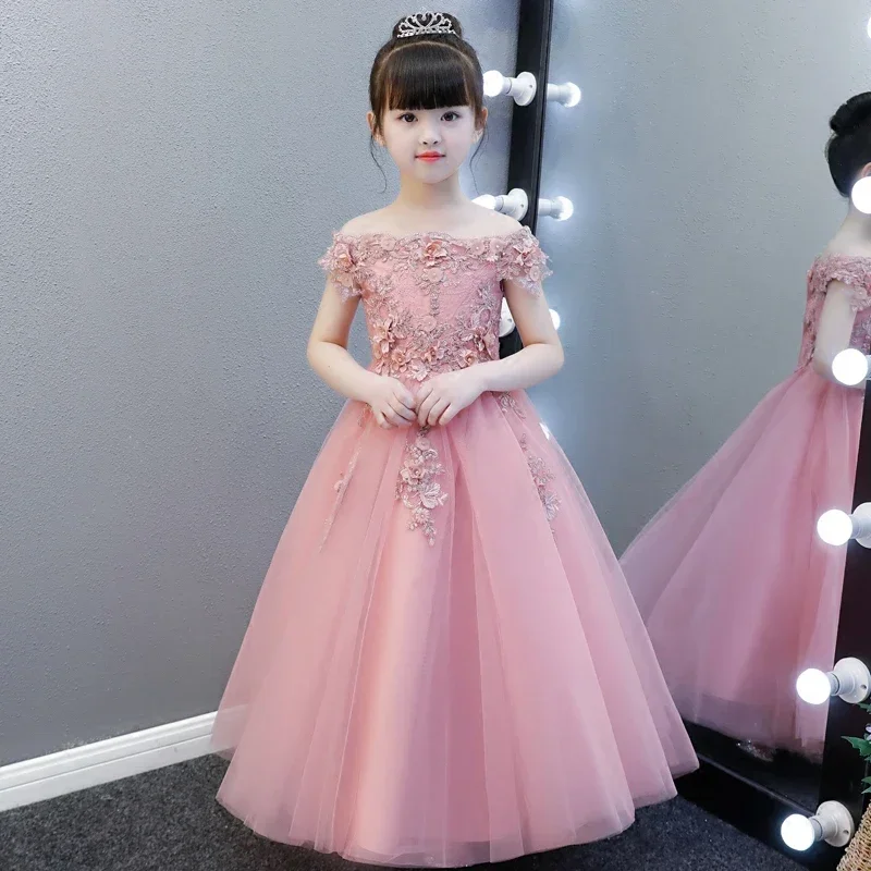 Glizt Bead Appliques Flower Girl Wedding Dresses Shoulderless Girl Party Princess Birthday Dress First Communion Gown for Kid