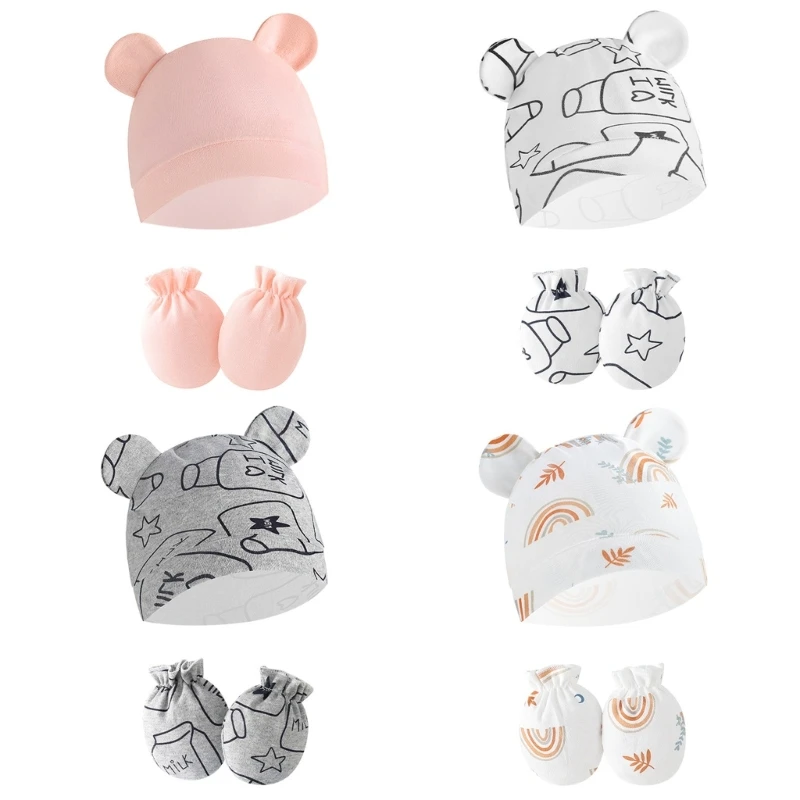 Newborn Baby Hat & Anti Scratch Gloves Set Cotton Headwear Anti-grab Mittens and Hospital Caps for Boys Girls