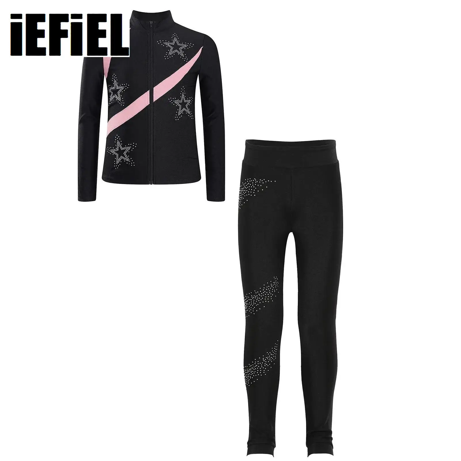 

Kids Girls Figure Skating Outfit Shiny Star Sports Top Contrast Color Long Sleeve Stand Collar Zipper Sweatshirt with Leggings