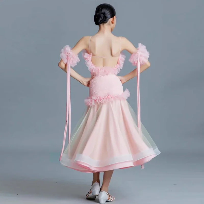เด็กหญิง Waltz Tango Ballroom Dancewear Professional สปาเก็ตตี้ชุดชีฟองขนาดใหญ่ Fishbone กระโปรงโมเดิร์นเครื่องแต่งกาย