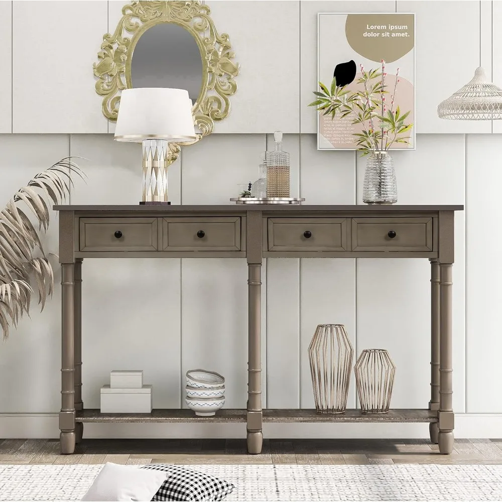 58'' Solid Wood Console Table Entryway,Sofa Table with 2 Drawers and Bottom Shelf for Living Room Entry Hallway,Pine Wood Frame
