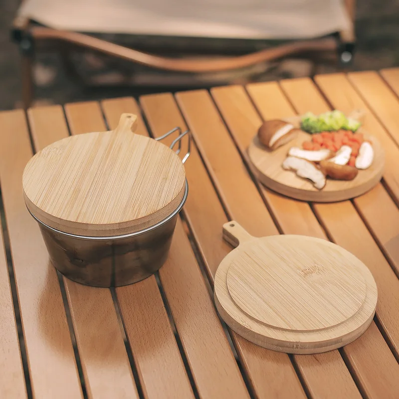 

Outdoor Shera Bowl Lid Camping Round Dinner Tray Bread Pizza Dish Portable Wooden Plate Camping Picnic Bamboo Cutting Board New