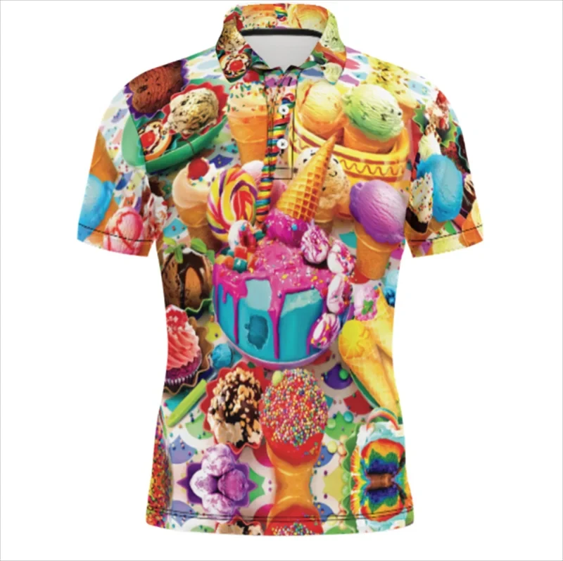 Polo de manga corta con estampado 3D de helado, camiseta Harajuku informal a la moda, Tops geniales, camisetas divertidas con solapa 2024