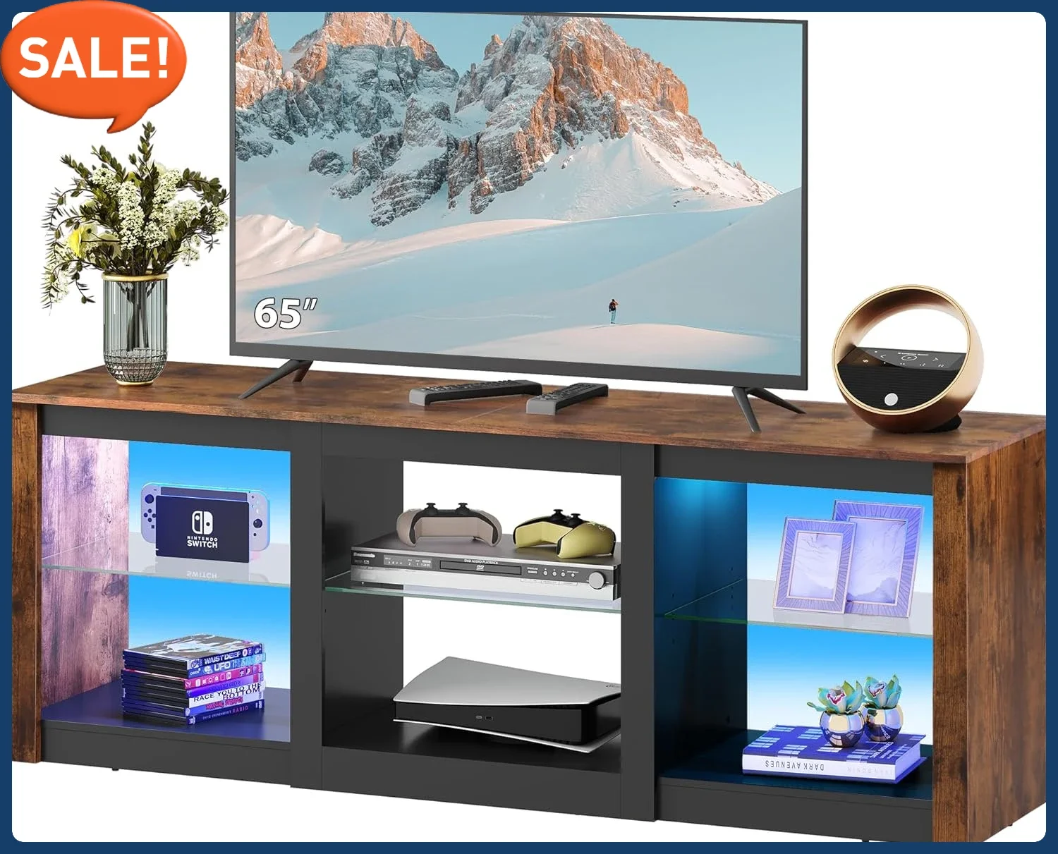 

LED TV Stand for 65-Inch TV, 58-Inch Entertainment Center with Adjustable Glass Shelves, Modern Media Console