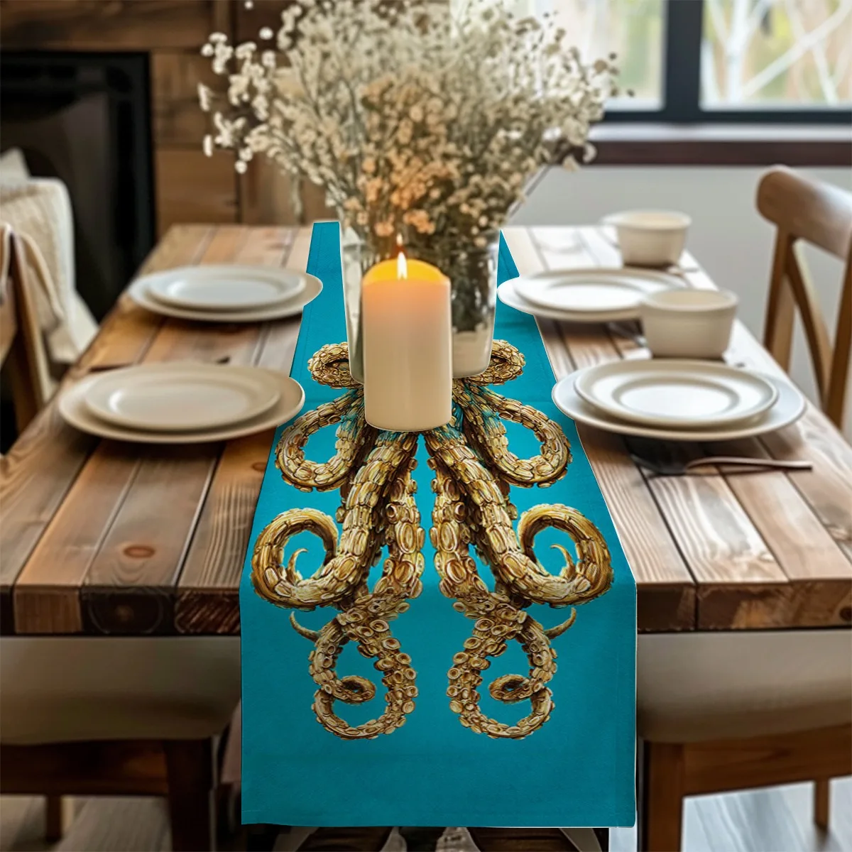 

print table runner Octopus Floral Bohemian Style Tablecloth for Festivities,Weddings,Banquets,Home Decor Gifts Decorations
