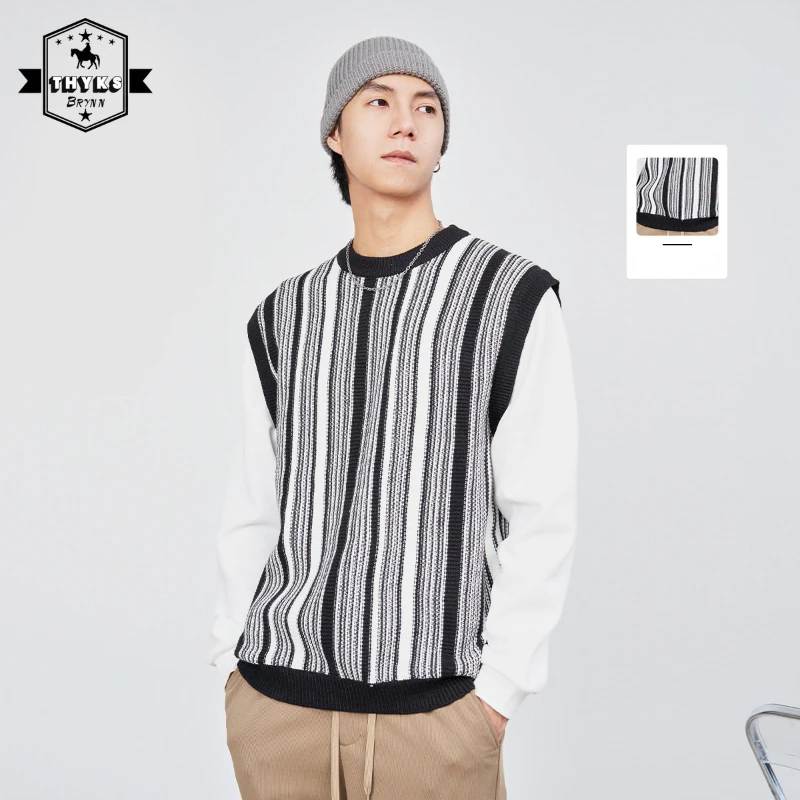 Japanese Sweater Man Vest Striped Patchwork Long Sleeve Sweaters O-Neck Pullover Korean Causal Couple Knitted Coats Autumn Tops