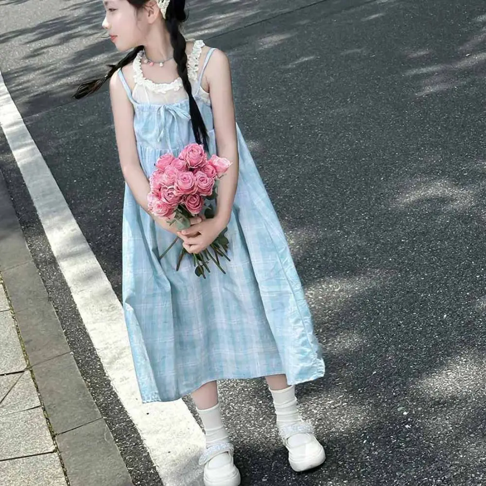 

Fashion Loose Girls Princess Grid Dress Party Beach Vacation Summer Dresses Sweet Teenagers Children Sling Dress Students
