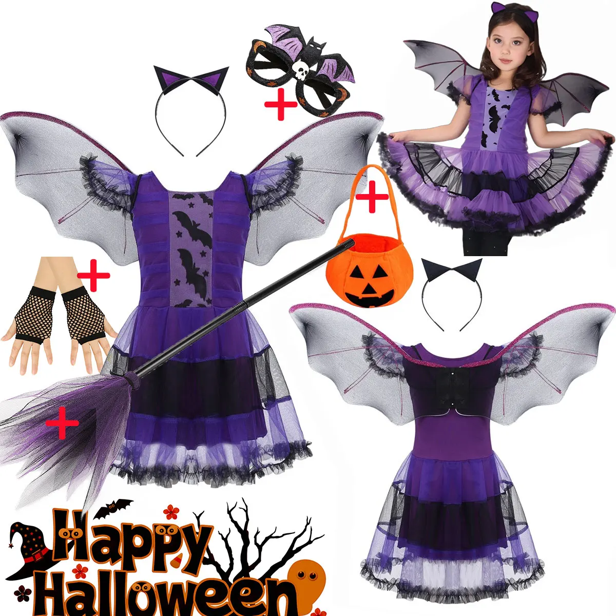 Girl Flying Bat Cosplay Costume Halloween Street Party Apparel Dress+Wings+Headband Cute All Saint's Day Outfit Bat Clothing Set