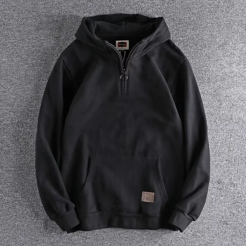 American Retro Half Zip Hooded Sweatshirt for Men 2026 Autumn Winter Thick Warm Casual Loose Hooded Sweatshirt Korean Streetwear