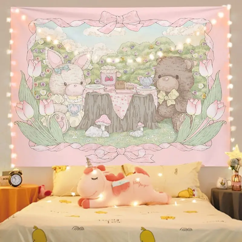 VIKAMA Forest Rabbit Bear Afternoon Tea Tapestry Wall Art for Bedroom Living Room Decoration Pink Bow Tulip Fairy Tale Cute