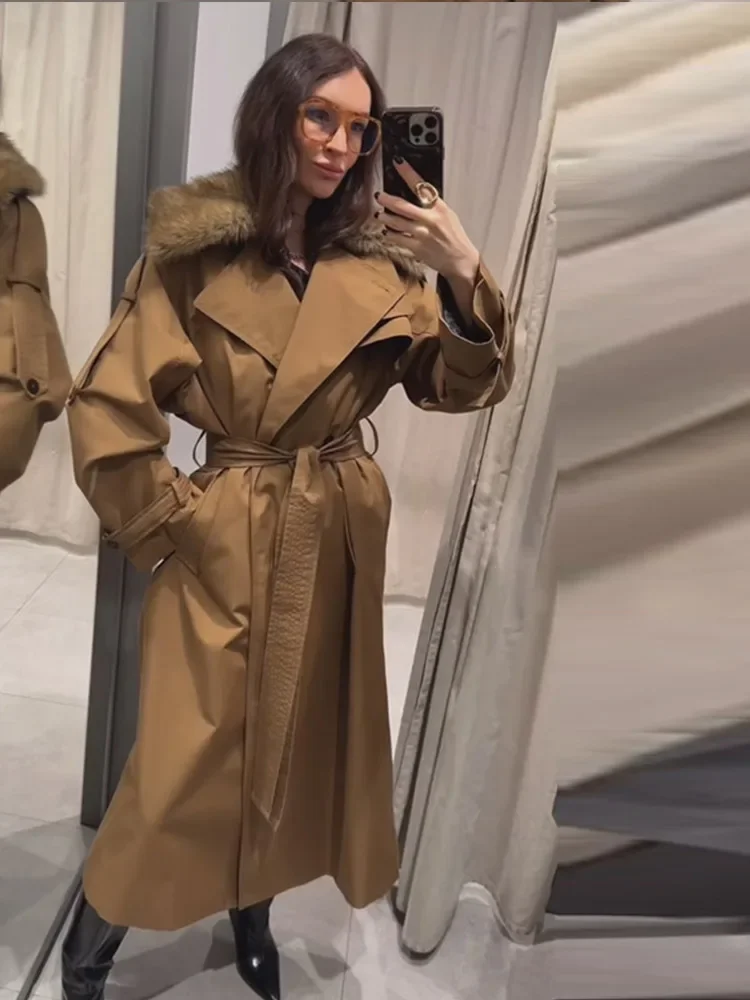 

Women's A-line Fur Collar Panel Trench Coat Trendy Long Belted Tie Waist​ Top High-waist Slim Fit 2026 Lady Autumn Office Wears