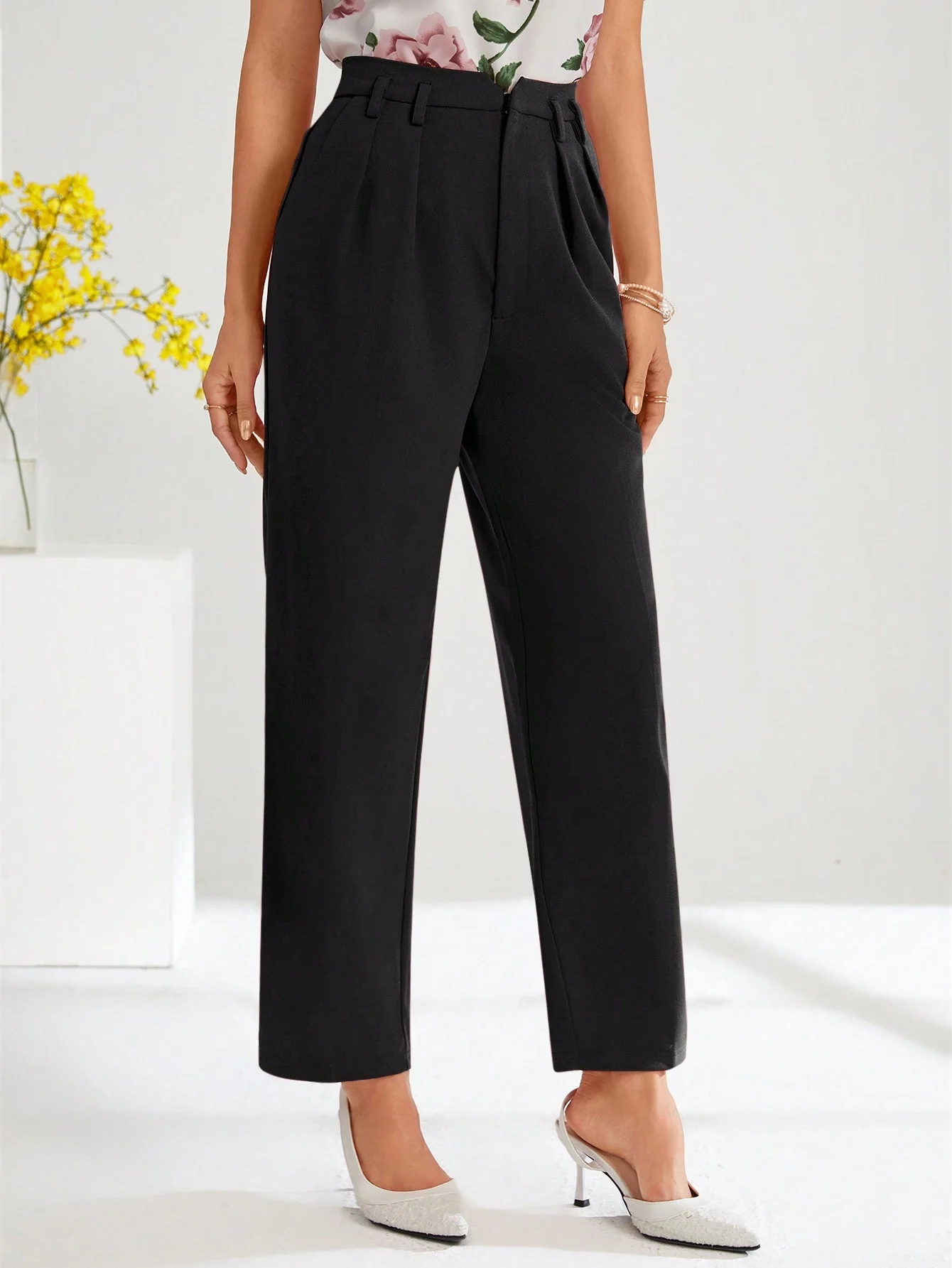 Womens Black High Waist Straight Leg Pants Pleated Pockets Detail Cropped Length Suit Pants Casual Office Spring Summer Trousers - view 5