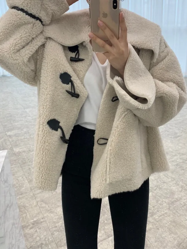 

Ladies Loose Fit Cotton Jacket Lamb Fur Trimmed Coat with Large Pockets Warm Casual Style Long Sleeve Autumn Winter Outerwear