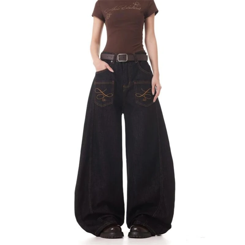 

Повседневные свободные женские джинсы с вышивкой и изогнутыми ножками, повседневные широкие брюки прямого кроя в американском стиле в стиле ретро