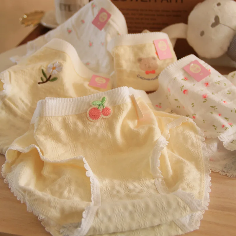 New 5PCS Flower Embroidery Cotton Breathable Cute Underpants for Women Mid Waist Cartoon Cute Panties Soft Seamless Daily Briefs