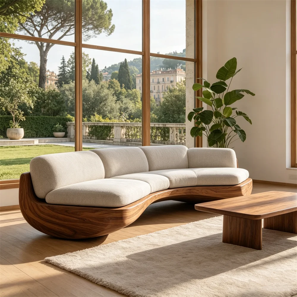 G*-Durable FRP Curved Sofa with High-Density Sponge Fiberglass Weather-Resistant Linen Fabric Couch