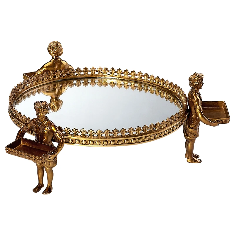 

French retro brass mirror round tray decorative ornament set light luxury dresser