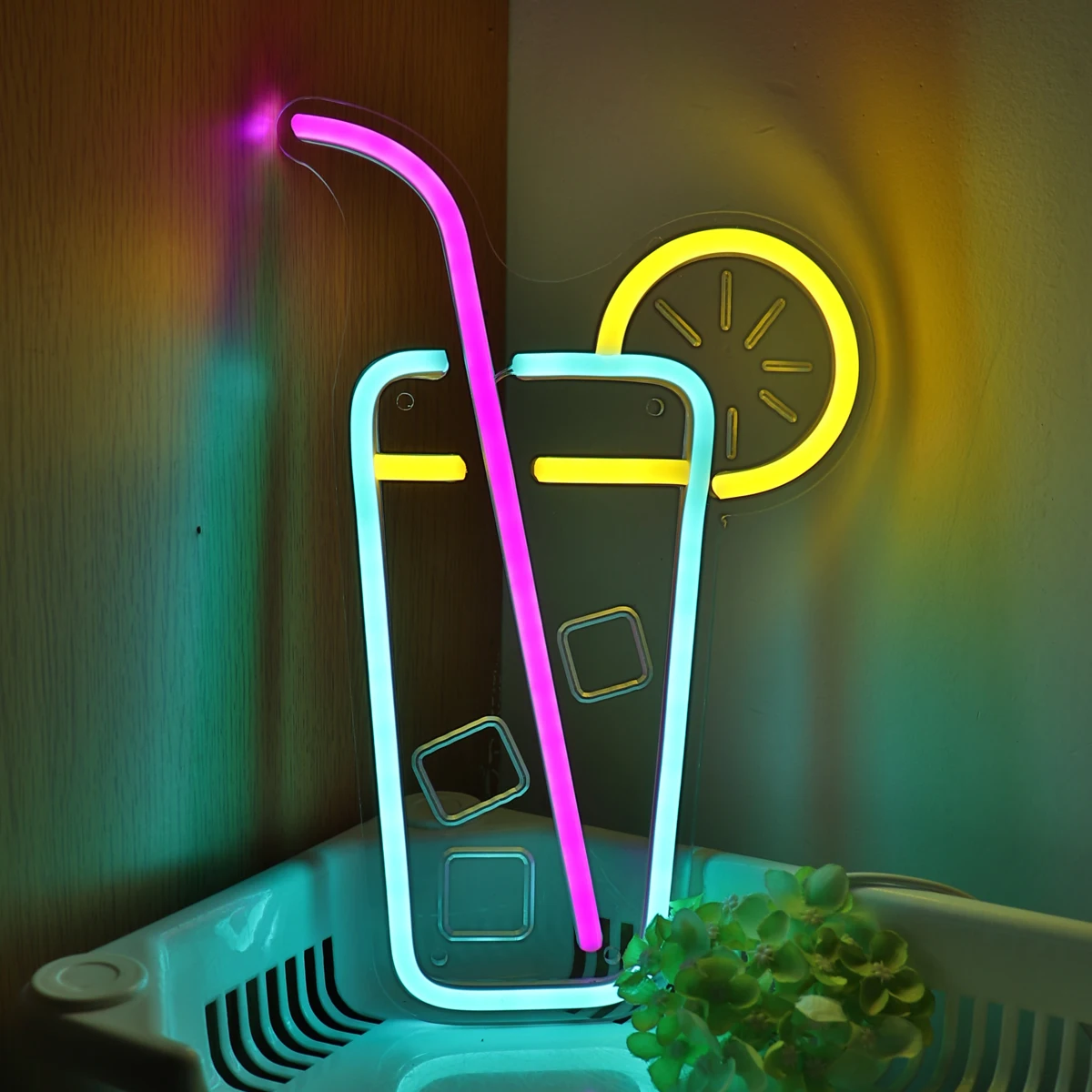 1PC  Juice Glass With Lemon Curving Ice Cubes LED Wall Neon Sign For Party Club Milk  Coffee Shop Wall Decoration7.44\'\'*11.42\'\'