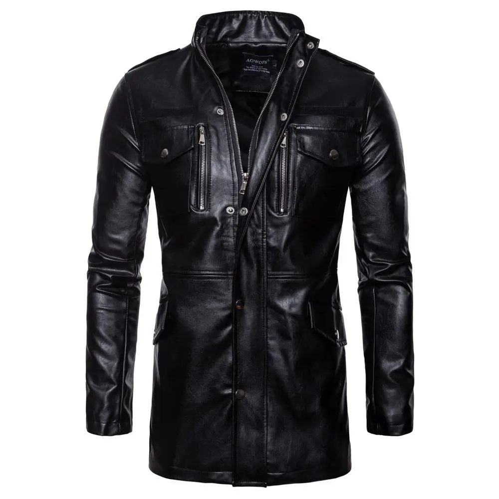 

Men's Luxury Trench Leather Coat Mens Single breasted Business Casual Faux Leather Jacket Male Black Long PU Coat Big Size M-5XL