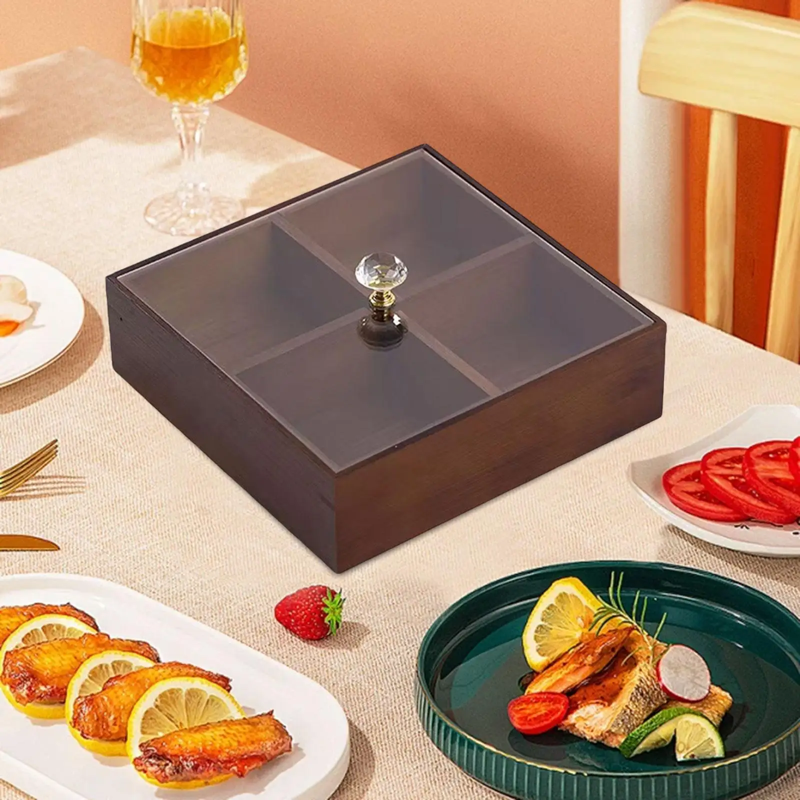 서빙 트레이 다기능 휴대용 스낵 트레이 과일용 투명 뚜껑이 있는 캔디 및 너트 요리 초콜릿 과자 케이크 캠핑