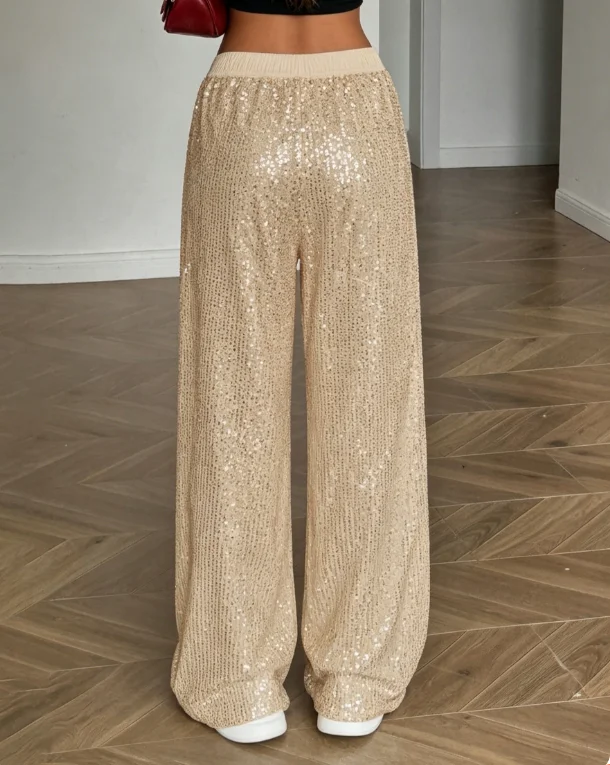 Women's Sequin Wide Leg Pants, High Waist Glitter Trousers, Loose Shiny Straight Leg Pants for Party & Night Out