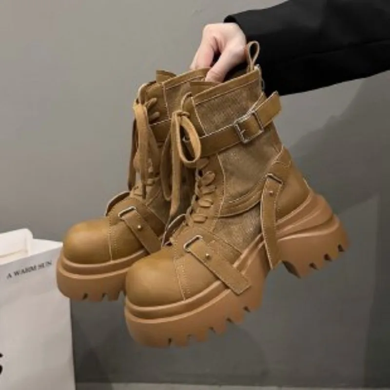 Schwarze Plateau-Stiefeletten im Workwear-Stil mit Schnalle für Damen, Schnür-Flatform-Stiefeletten, Petite, Herbst/Winter, lässig, schlankmachend, für den täglichen Gebrauch und den Weg zur Arbeit – Detail 3