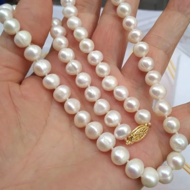 Perfect Natural AAA 8-9mm White South Sea Pearl Necklace 18inch 14K Gold